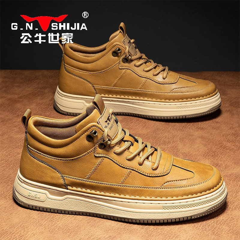 公牛世家高帮鞋男秋季软皮软底百搭中帮板鞋时尚复古英伦休闲皮鞋