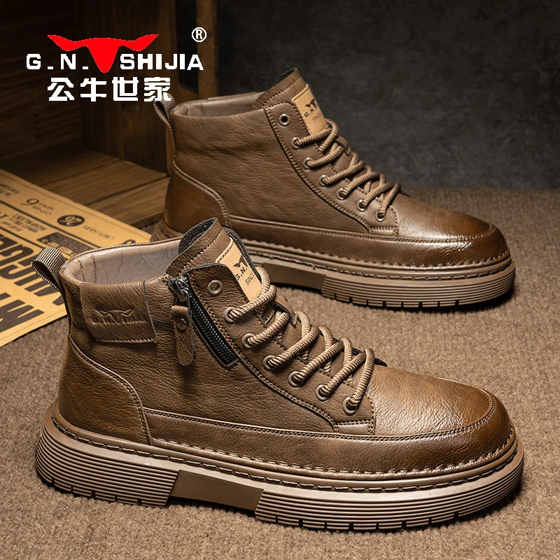 公牛世家男鞋秋季男士高帮板鞋英伦风中帮休闲短靴时尚百搭马丁靴