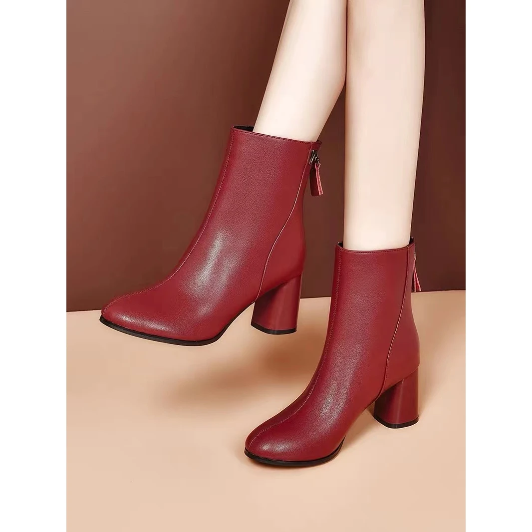 新款妈妈短靴女粗跟马丁靴喜婆婆婚宴鞋红色高跟鞋秋冬高级感秋季