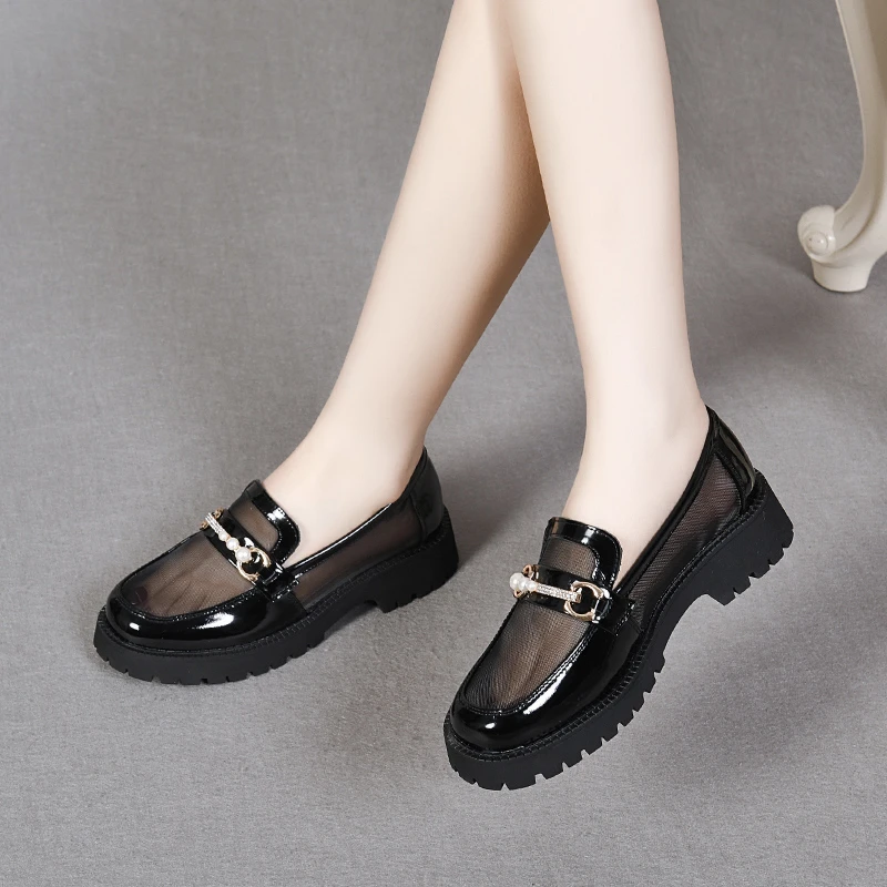 2025新款英伦风真皮女鞋松糕鞋厚底乐福鞋网纱单鞋一脚蹬小皮鞋