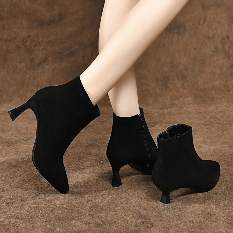 羊皮新款法式高跟鞋秋冬季尖头磨砂细跟短靴及踝靴小跟真皮女靴子