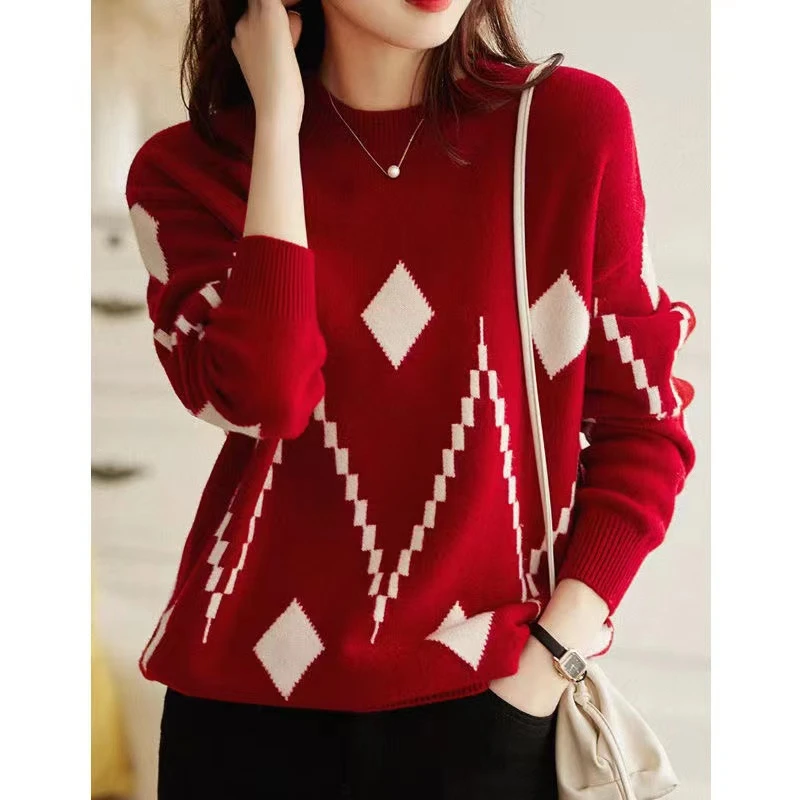 圆领长袖菱形图案外穿轻奢针织衫2023秋冬新款减龄毛衣