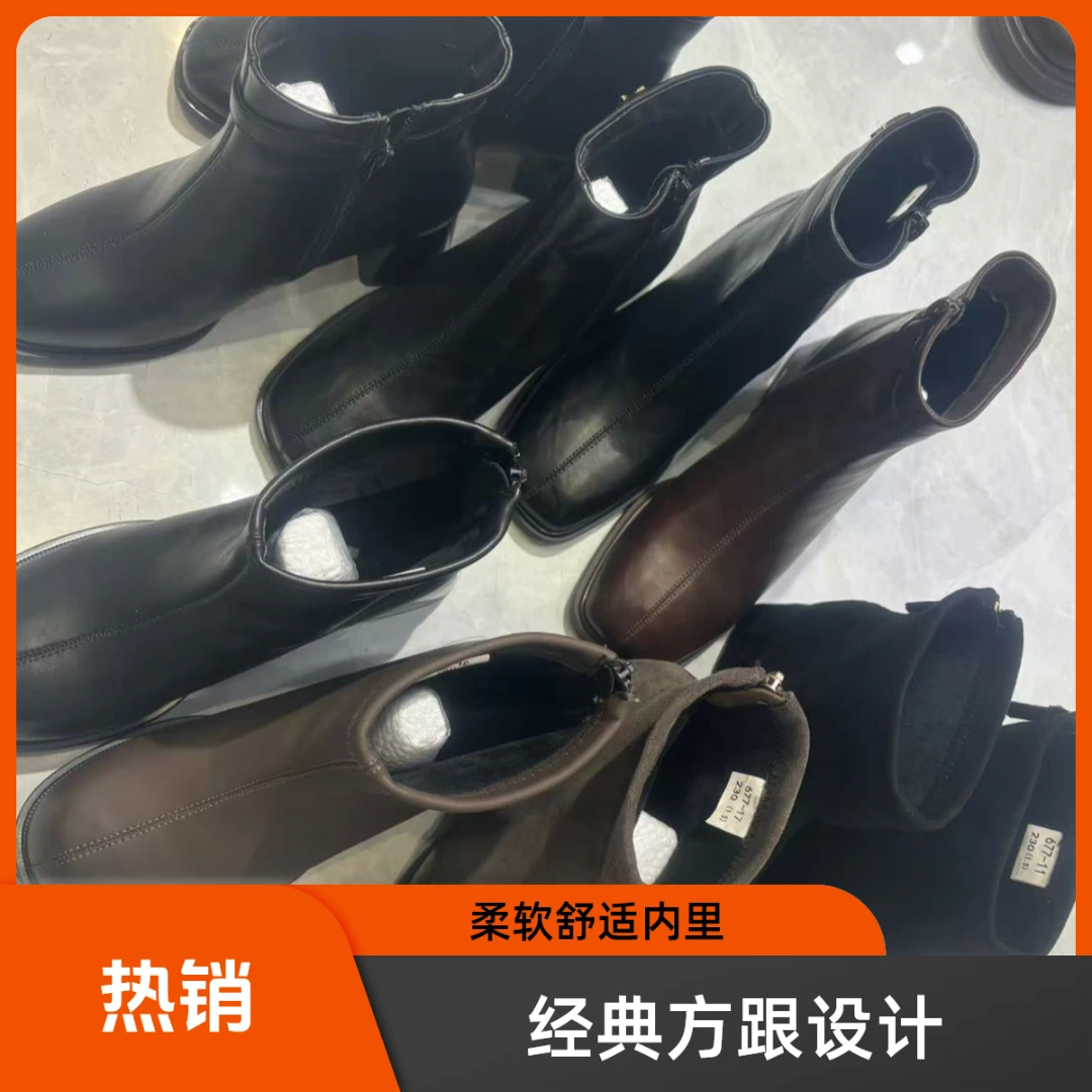 粗跟秋方头中跟冬短靴柔软秋冬日常方跟英伦风舒适后拉链