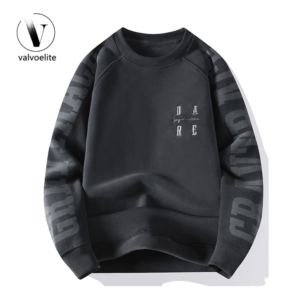 VALVOELITE卫衣男加绒加厚秋冬款套头上衣休闲百搭刺绣圆领打底衫