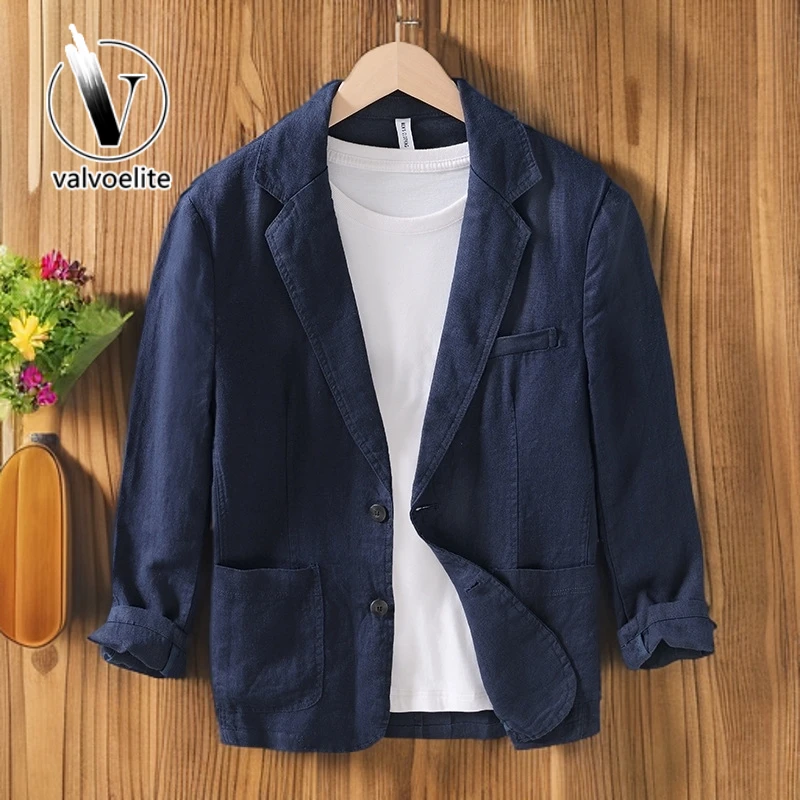 VALVOELITE纯亚麻男宽松透气麻料薄款帅气西装秋外套商务休闲穿搭