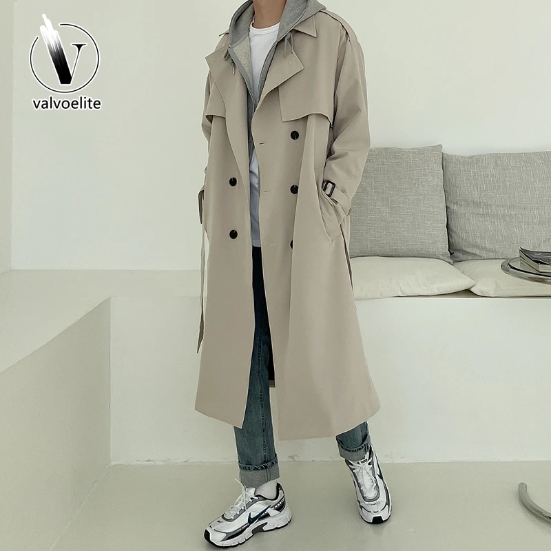 VALVOELITE男装风衣外套双排扣中长款青年帅气休闲纯色系带大衣秋