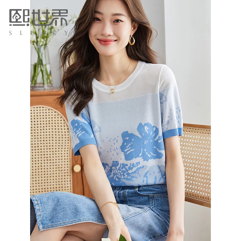 熙世界薄款冰丝针织衫T恤女短袖2024夏装新款温柔甜美风提花上衣
