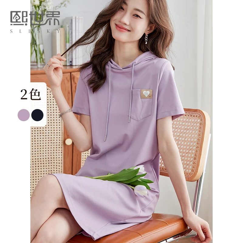 ⑥熙世界连帽卫衣连衣裙女短袖夏装新款口袋百搭宽松休闲裙子