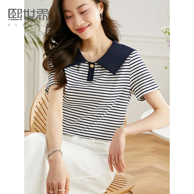 熙世界新疆棉夏季翻领短袖条纹T恤女小众设计法式撞色海军领上衣