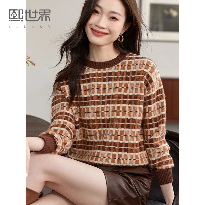 熙世界美德拉慵懒风复古格子毛衣女秋冬时尚洋气针织衫2023年新款