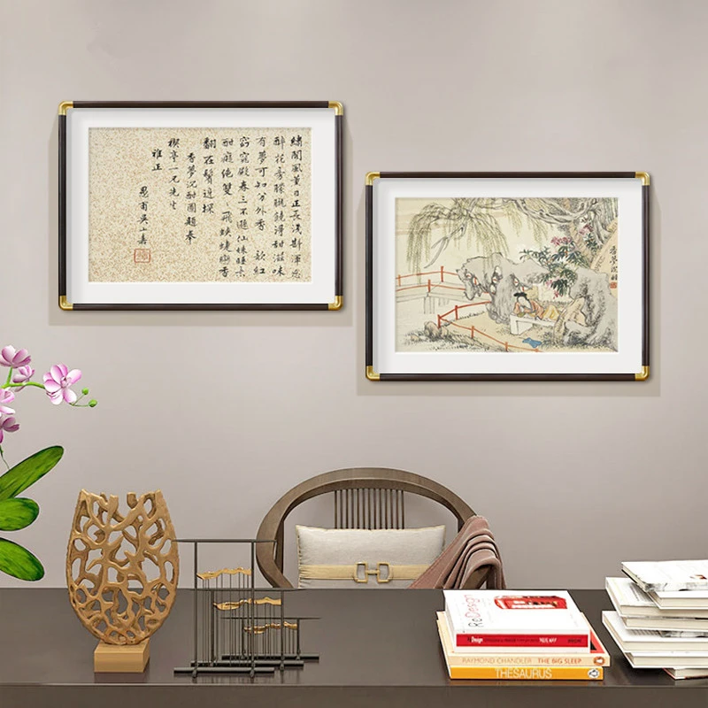 仿古名画新中式茶室背景墙装饰画客厅沙发后面山水画酒店民宿挂画