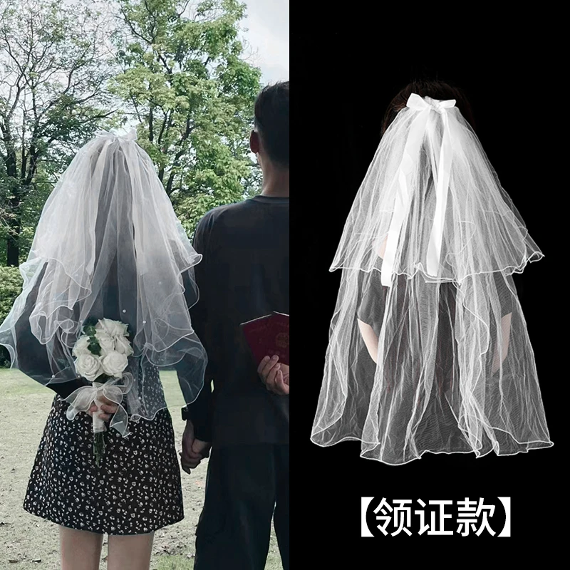 [婚纱头饰白色头纱]领证登记小饰品新娘拍照头饰道具女法式蝴蝶结