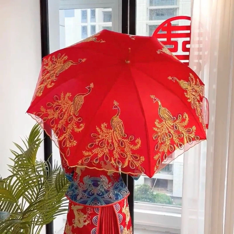 新馨如意结婚红伞中式婚礼专用雨伞蕾丝婚嫁晴雨两用伞