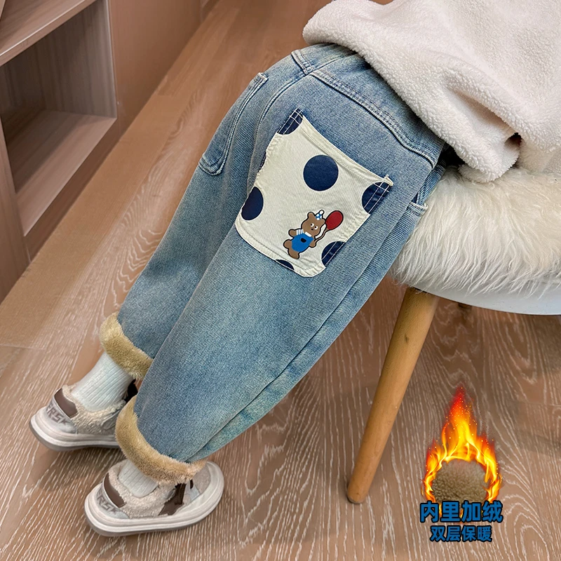 女童加绒加厚牛仔裤2024新款冬季女孩韩版洋气时髦保暖一体绒长裤