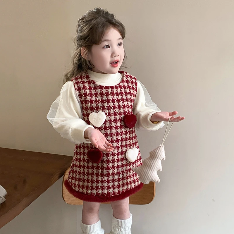 女童加绒加厚格子裙套装2024新款冬季女孩中国风保暖无袖两件套潮