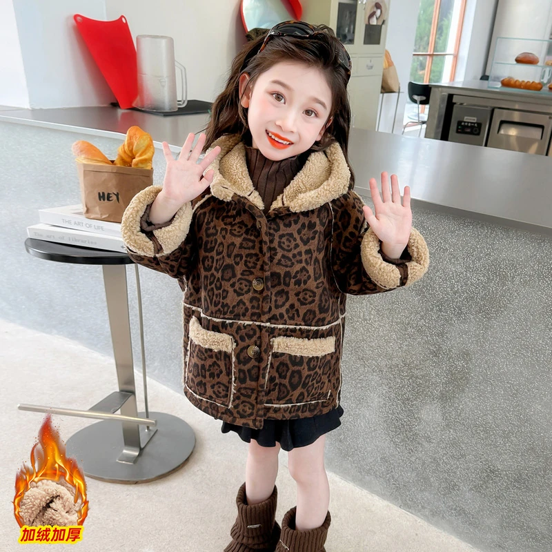 女童加绒加厚皮毛一体外套2024新款冬季女孩韩版洋气时髦毛呢冬装