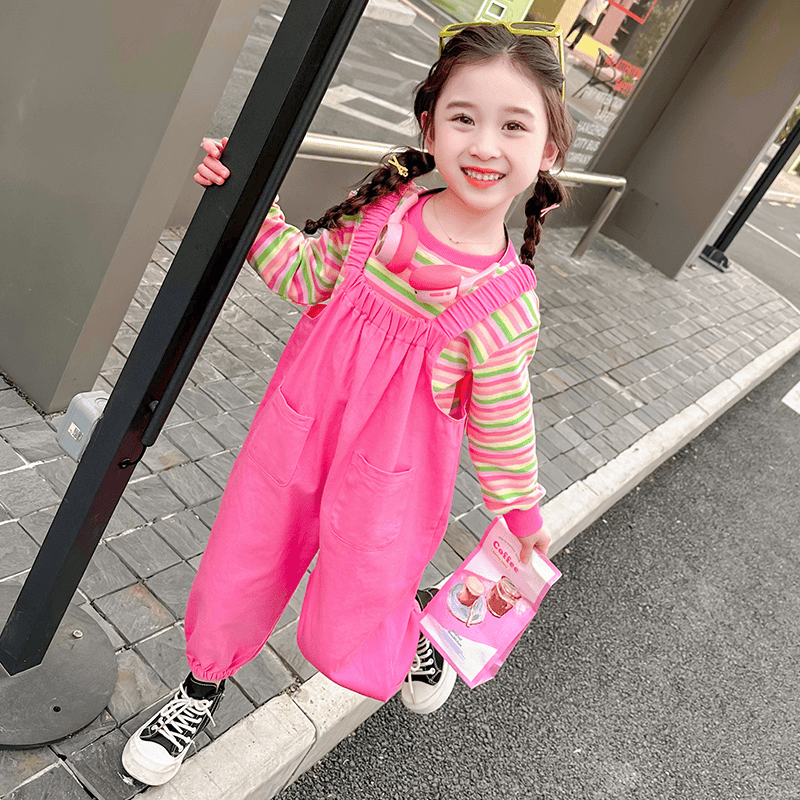 女童条纹背带裤套装2024新款秋季女孩韩版洋气时髦秋装长袖两件套