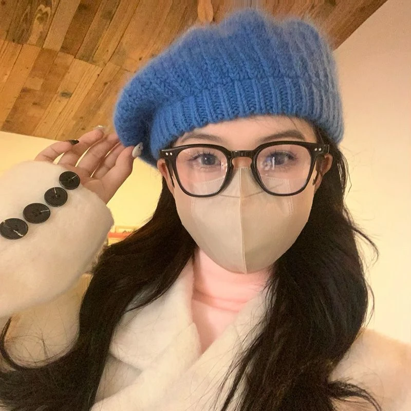 2023韩版时尚针织贝雷帽女冬款毛绒绒画家帽百搭显脸小羊毛线帽子