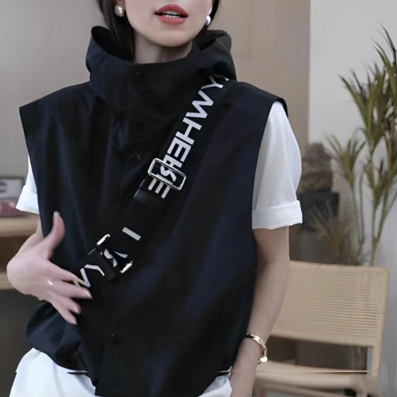 日系休闲时尚宽松百搭叠穿马甲女宽松显瘦连帽坎肩短外套新款