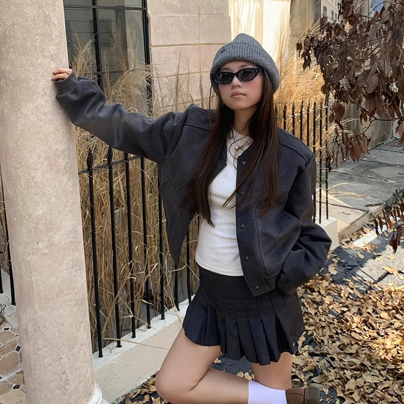 毛呢棒球服外套女秋冬季高级感宽松百搭短款夹克加厚保暖减龄外套