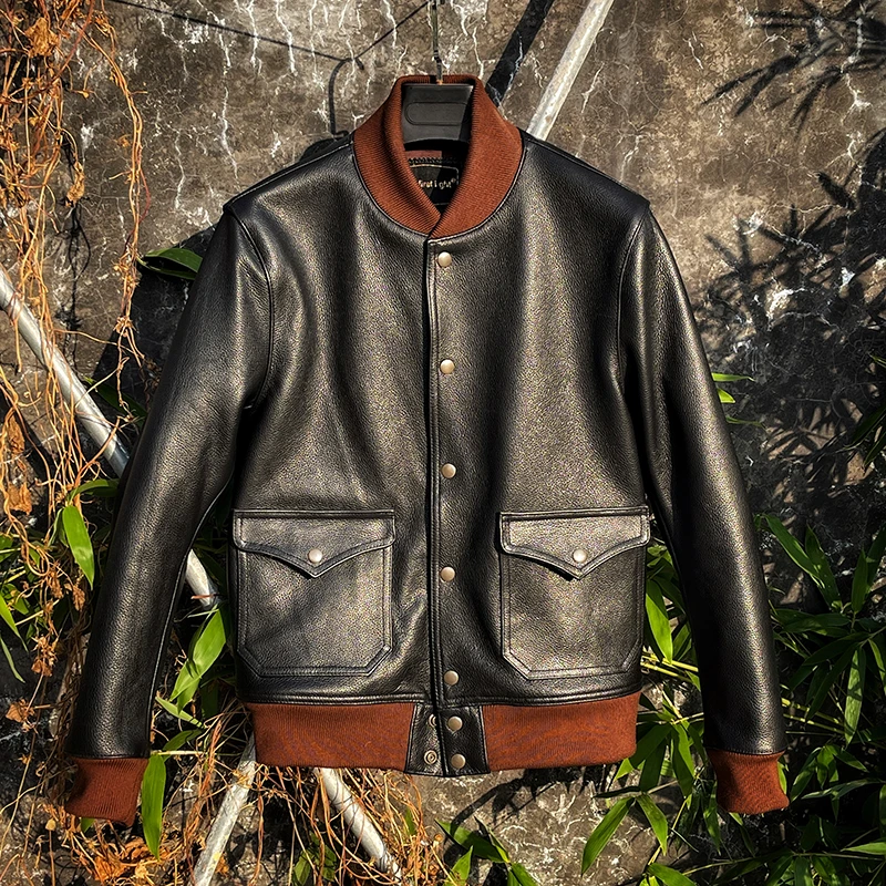 A1飞行服男士真皮外套全粒面头层牛皮修身保暖棒球服短款真皮皮衣
