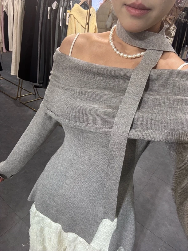 法式设计感飘带一字肩针织衫显瘦时尚百搭外穿