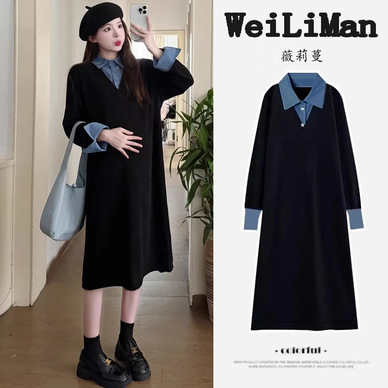 孕妇连衣裙春秋款拼接假两件宽松大码裙子秋冬孕晚期孕妈妈穿搭