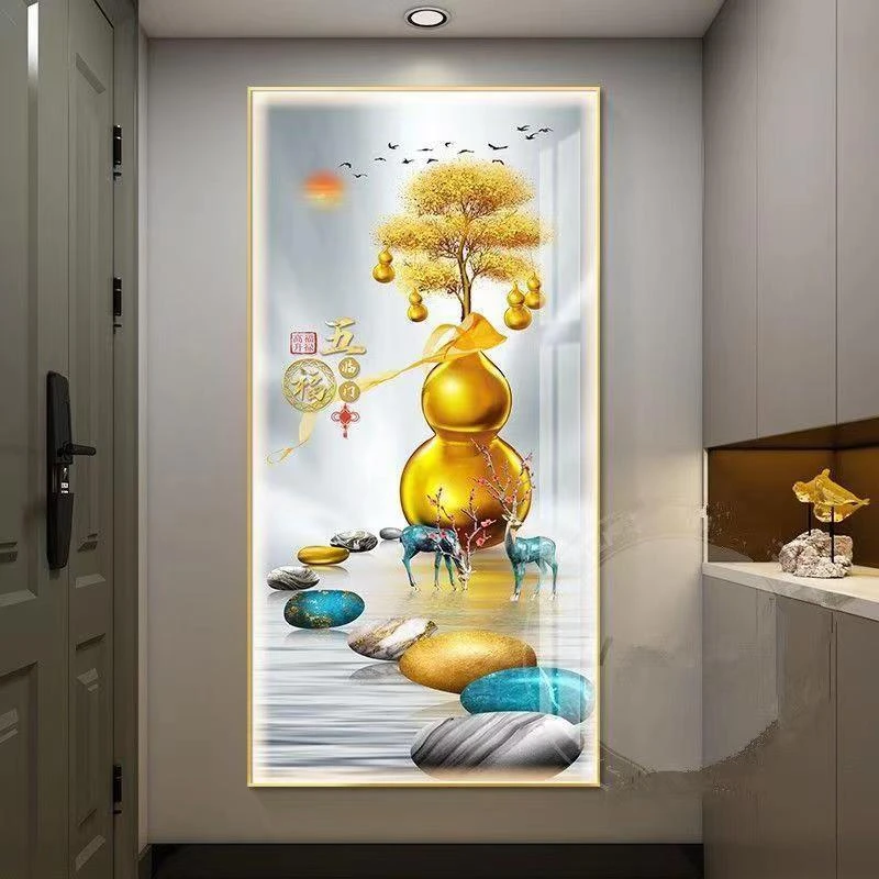 LED灯光画入户门现代风轻奢走廊过道艺术竖版立体平面晶瓷装饰画