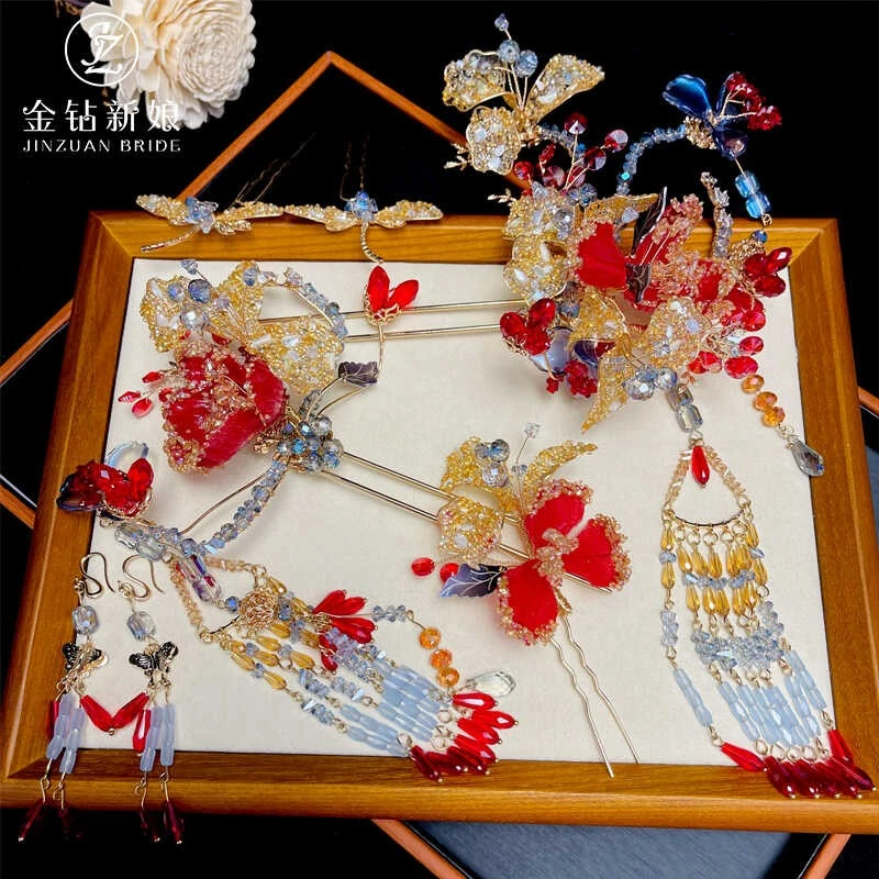 金钻新娘中式复古造型大气红金色花朵发簪百搭秀禾服新款头发饰品