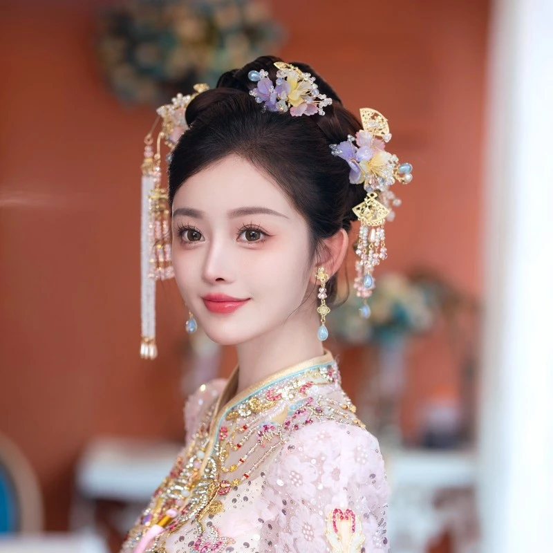 铜合金婚庆饰品 金钻新娘粉紫色花朵古装中式造型结婚秀禾发饰