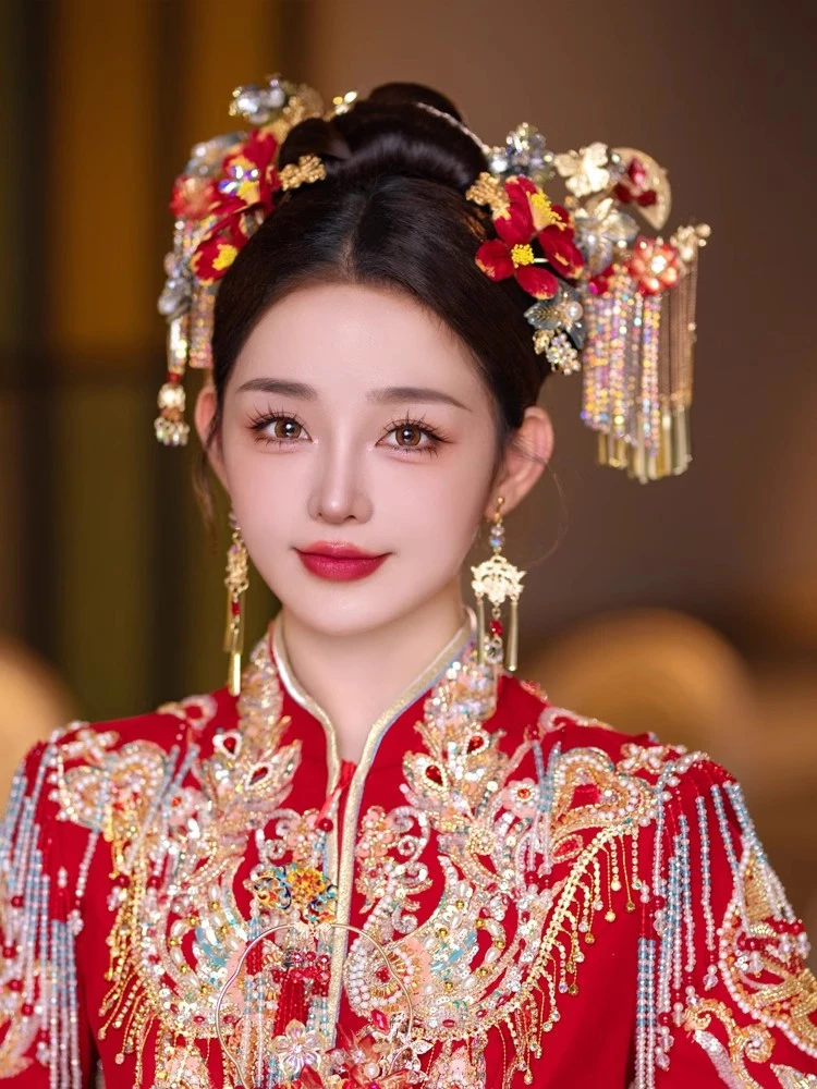 新娘中式红色绒花后压水晶发簪秀禾服精致头饰大气金色龙凤褂发饰