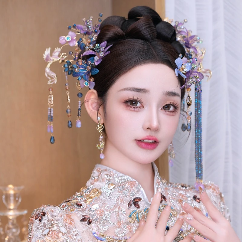 金钻新娘紫色秀禾服头饰新中式古典婚礼龙凤褂发饰套装礼服饰品