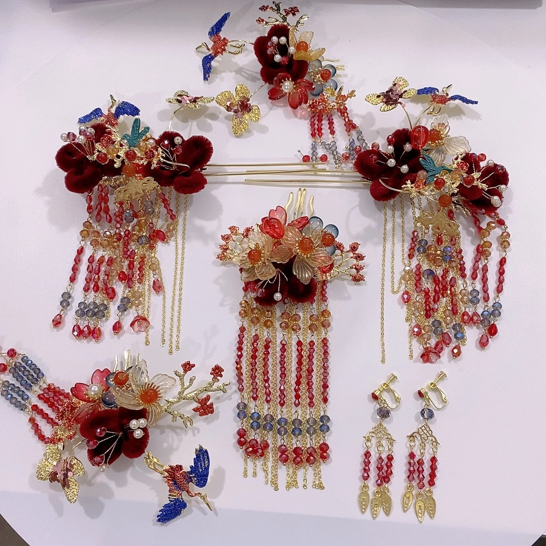 金钻新娘新款红色绒花秀禾服头饰