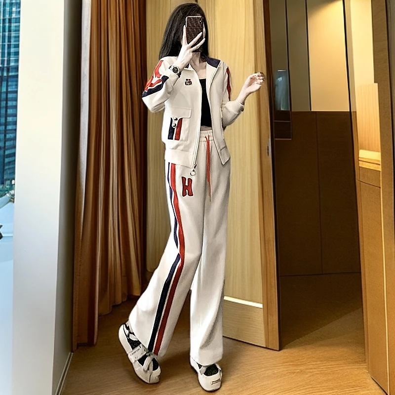 春秋季拼色卫衣直筒裤两件套2025新款潮牌欧货白色休闲运动套装女
