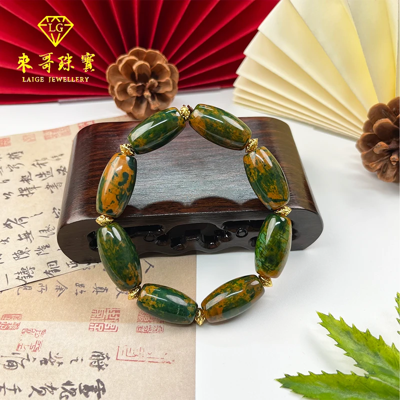 【来哥严选】天然毕业级满绿太岁肉灵芝筒珠手串多样性发其一