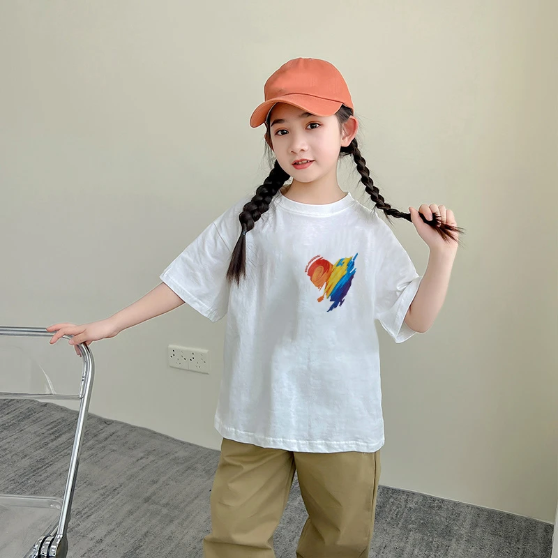 佐朗格奴/纯棉220克彩色爱心简约短袖童装透气休闲上衣儿童白t恤