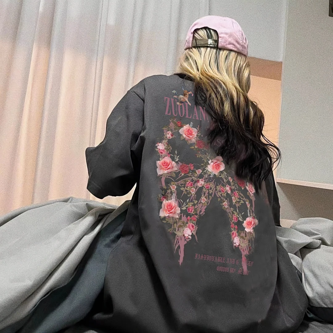 佐朗格奴【纯棉】原宿风玫瑰印花ins短袖t恤女小众设计感情侣印花潮
