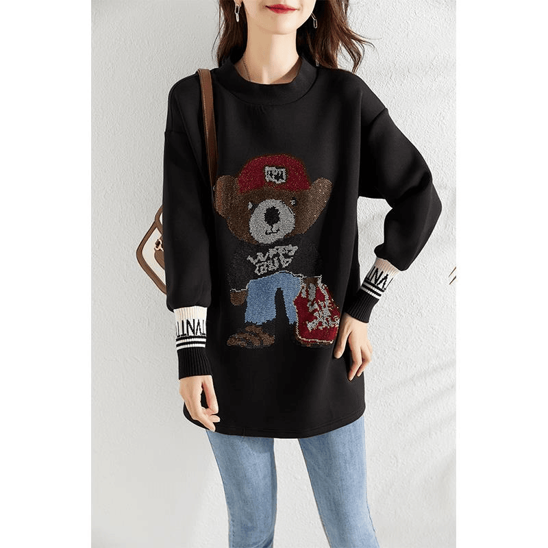 时尚洋气烫钻小熊中长款卫衣女秋季2024新款宽松显瘦慵懒风卫衣裙