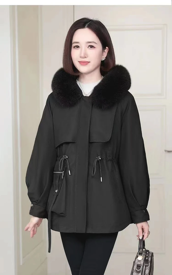 【万人迷】新款短款派克服冬季加厚兔毛内胆狐狸大毛领保暖时尚修身