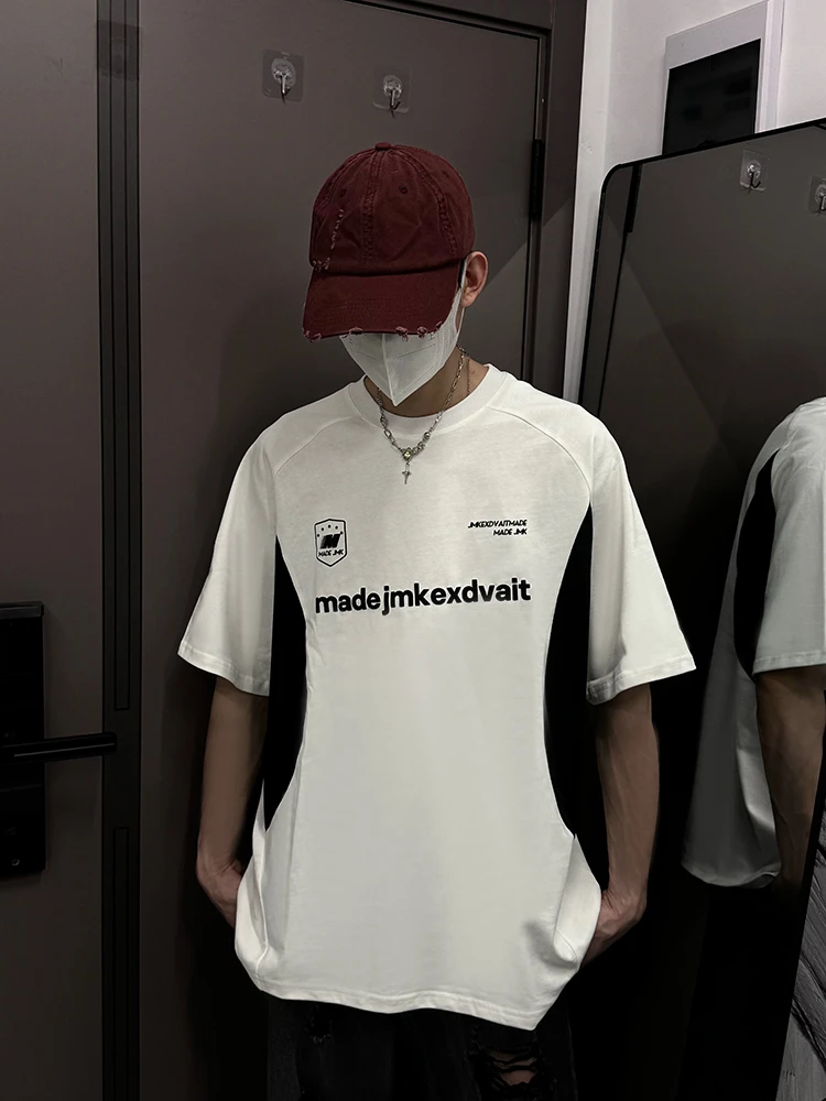 美式潮牌男士男款夏季半袖白色徽章字母修身网眼布短袖t恤男女款