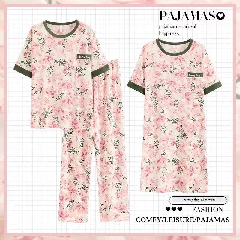 【拍一发三】夏季睡衣女套装樱花三件套短袖长裤睡裙可外穿家居服女