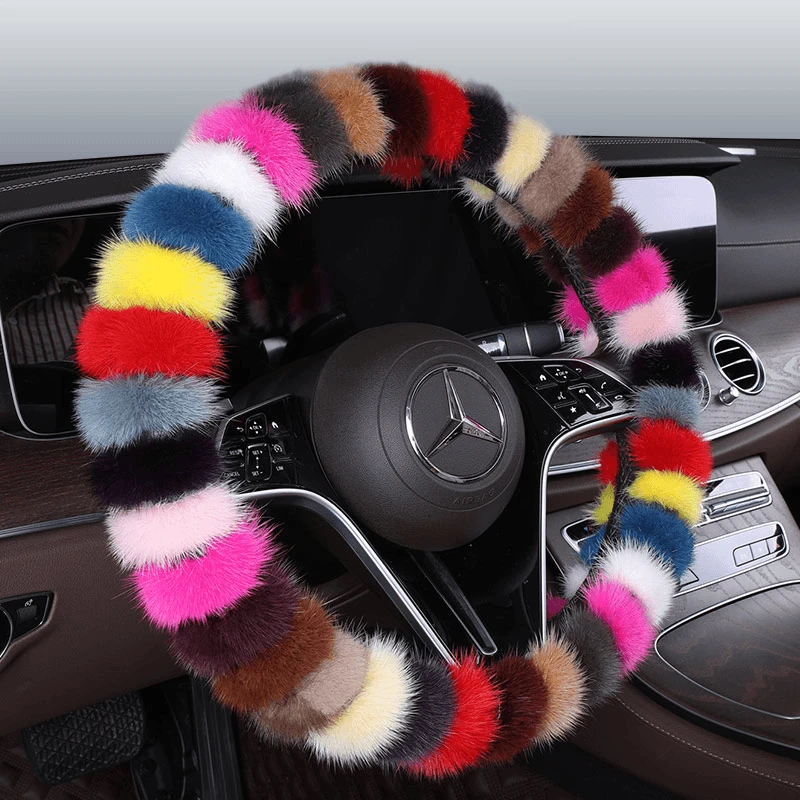 冬季水貂毛绒方向盘套汽车把套皮毛一体女士D型方向盘套圆形把套
