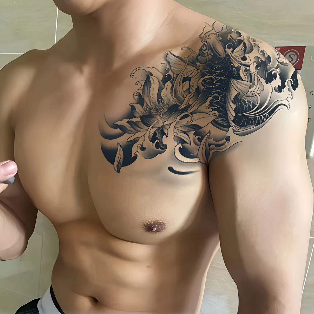 过肩锦鲤胸前草本纹身贴男防水持久半永久霸气痞帅可洗逼真个性潮