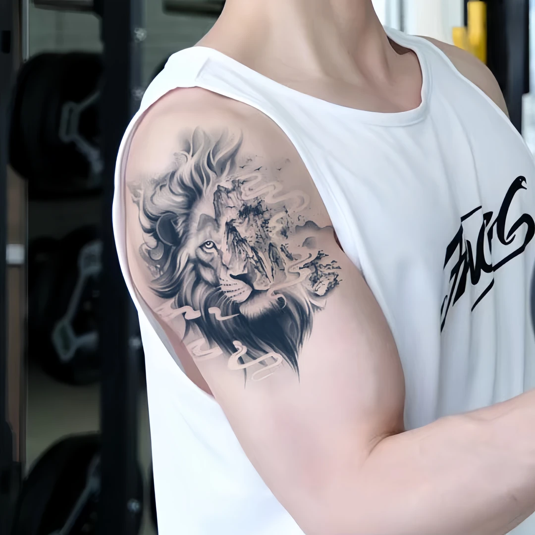 狮头霸气草本纹身贴男防水持久半永久可洗胸口手臂花臂高级感逼真