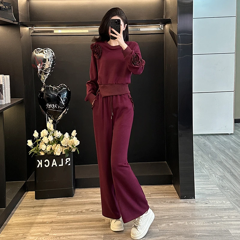 欧货高级感时尚套装女2024年秋冬加厚设计感小众上衣阔腿裤两件套