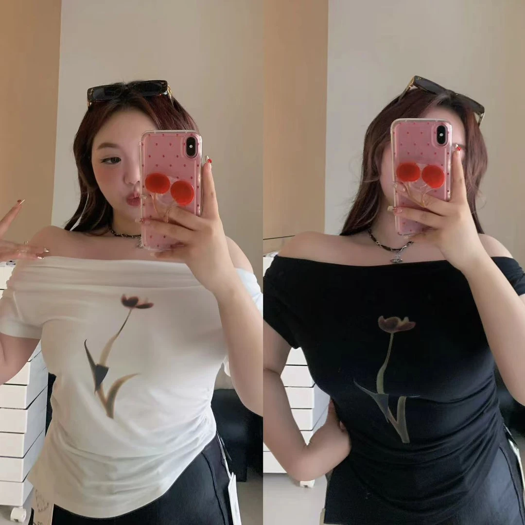 慧芝huizhi 恒温花房 定制款 荡领两穿一字领弹力气质半袖T恤