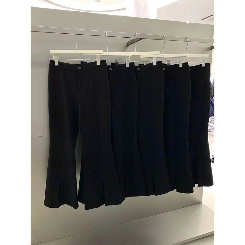 慧芝huizhi 腿贼直开衩裤 定制款 高腰微弹开衩喇叭西装裤