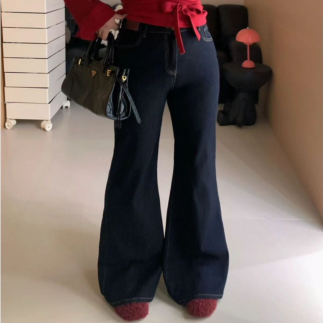 慧芝huizhi 28112-1藏青蓝加绒喇叭牛仔裤 高腰弹力显瘦牛仔裤