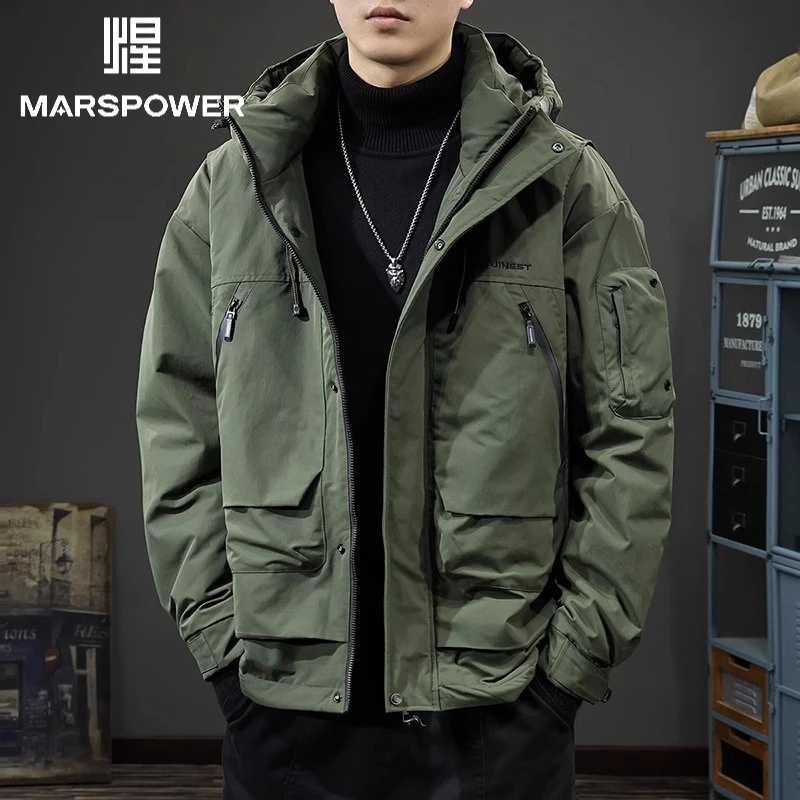 Cebrodz冬季鸭绒保暖户外工装羽绒服男士宽松百搭连帽冲锋外套