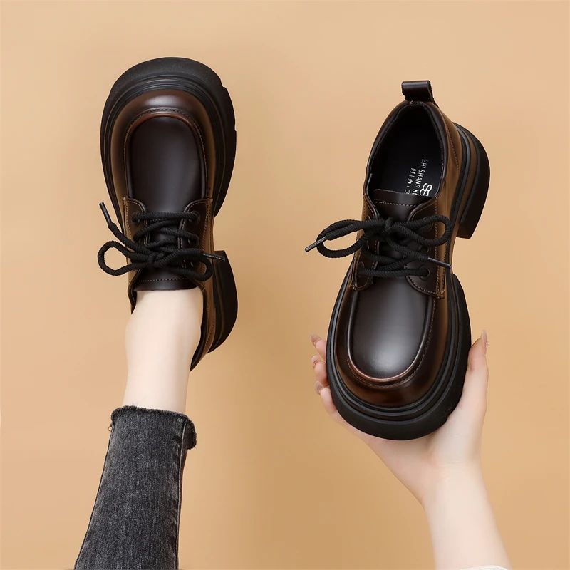 厚底乐福鞋女2025春季新款系带粗跟小个子增高显瘦防滑炸街小皮鞋